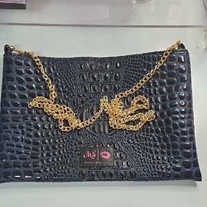 Black Crocodile Embossed Navy Clutch with Gold Chain